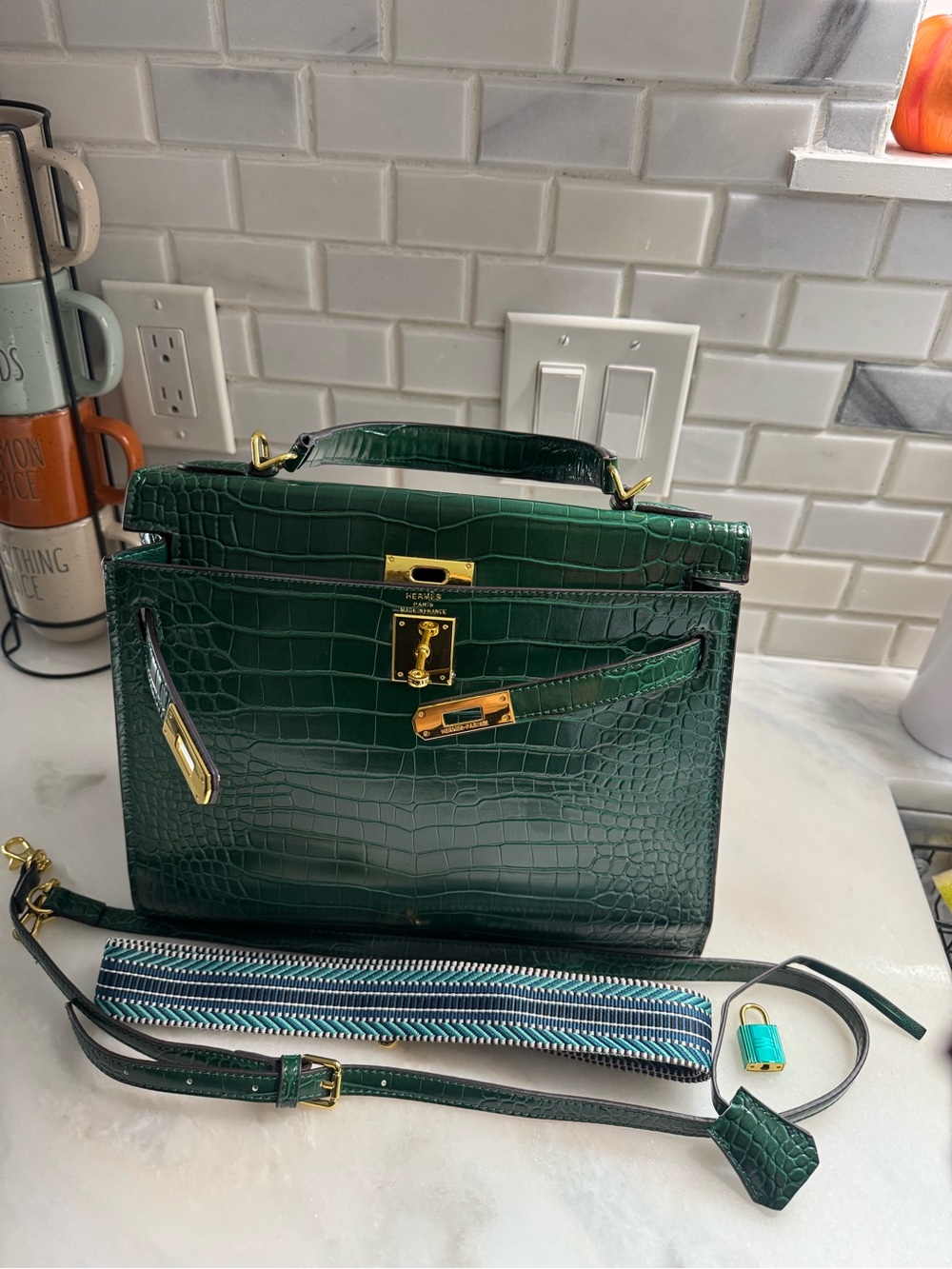 Hermes Dark Green Croc-Embossed Top-Handle Satchel with Gold Hardware